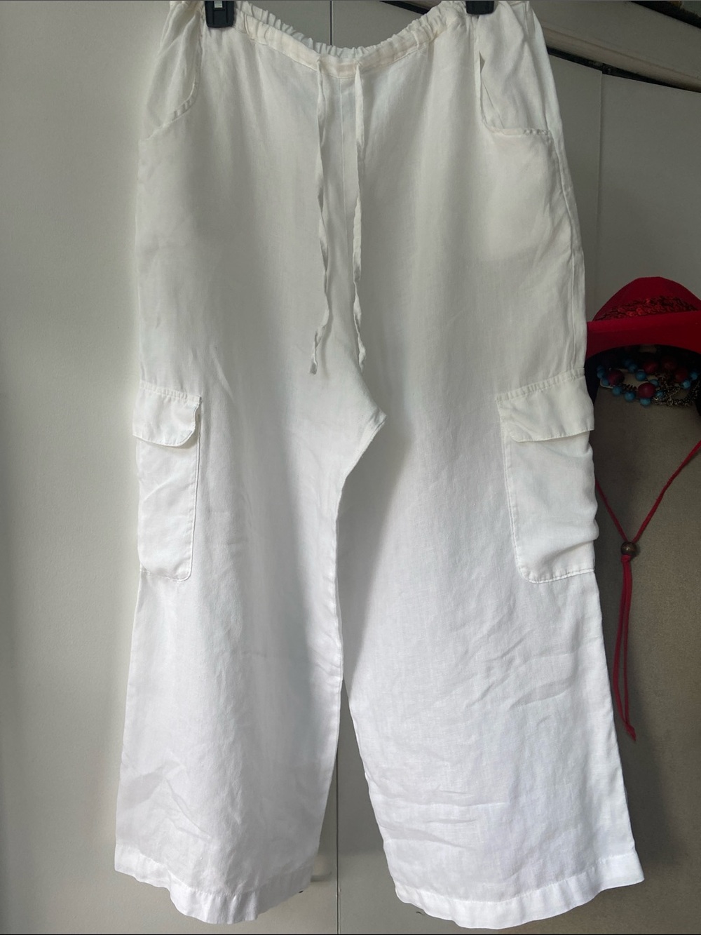 CP Shades White Linen Cargo Cropped Pants with Drawstring